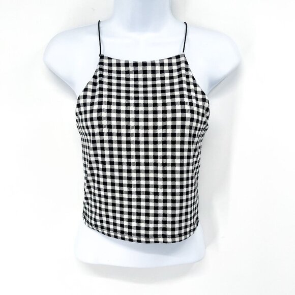 2/$30 Gaze Gingham Check Plaid Print Pattern Black White Cropped Tank Top Crop - Picture 1 of 5